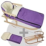 Paket besteht aus: BambiniWelt24 BAMBINIWELT Kombi-Angebot Holz-Schlitten mit Rückenlehne & Zugseil + universaler Winterfußsack (108cm), auch geeignet für Babyschale, Kinderwagen, Buggy, aus Wolle Uni lila