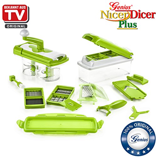 Genius Nicer Dicer Plus inkl. Nicer Twist | Grün-Weiß | 21 Teile | Alles-Schneider | Reiben | Hobeln | Mixen | Würfeln | Schneid-Gerät | TV-NEU