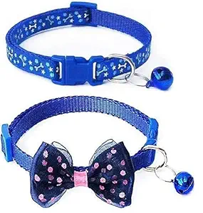 Woofy Cat Collars Cute Bow-tie and Fancy Bone Printed Collar with Bell, Safety Identification Collars for Puppy, Kitten and Small Pets Pack of 2 (Blue Color)