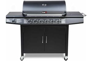 CosmoGrill Pro Deluxe 7 Gas Burner 6+1 Barbecue Grill Steel Warming Rack, Side-Burner, Built-in Temperature Gauge for Home Garden Party Outdoor Cooking (Black)