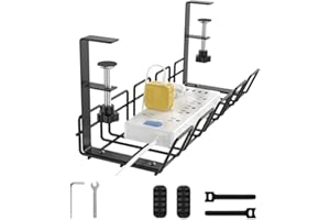 BestAlice Under Desk Cable Management Tray, No Drill Steel Desk Cable Organizers, Desk Cable Tray with Wire Organizer and Desk Cord Organizer, Fits Most Desk