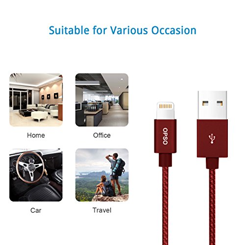 OPSO iPhone Charger - [ MFi Certified] Nylon Braided Lightning Cable for iPhone 7 Plus 6S Plus 6 Plus SE 5S 5C 5, iPad 2 3 4 Mini, iPad Pro Air 2, iPod - 0.15m Red
