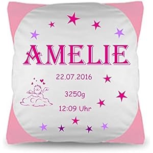 Kissen mit persönlichen Daten Namenkissen Baby Geschenk zur Geburt oder Taufe Wunschkissen .Mädchen Pink,Rosa personalisiert