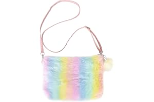 Cleminsta Mädchen Regenbogen Plüsch Taschen Plüsch Handtaschen Verstellbarer Umhängetaschen Plüschtasche Regenbogen Haarspangen Geldbörse für kleine Mädchen Frauen Rollenspiel