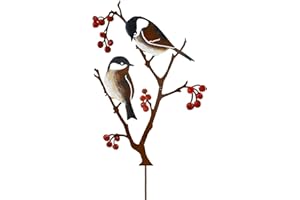 JYUECIAN Vogel Gartenstecker 60 cm Hoch Bemalte Vogel Gartendeko für Draußen, Metall Meisen und Beeren Outdoor Gartenfiguren