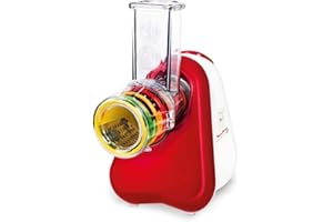 Moulinex Fresh Express Plus, Elektrisches Schnitzelwerk, Gemüseschneider, Gemüsehobel, 5 Einsätze inkl. Reiben, 150W, Metallic-rot, weiß, Made in France, DJ756G