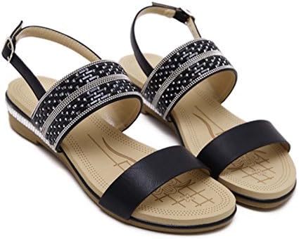 Women Ankle Strap Shoes Open Toe Sandal Casual Sewing Shoes Court Shoes Flat Shoes ( Color : Black , Size : 35 )
