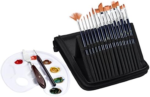 ATMOKO Paint Brushes set, 18 Pieces Professional Painting Brushes include Tray Palette, Palette Knife, Line Drawing Pen, Nylon Leather Storage Bag for Travel