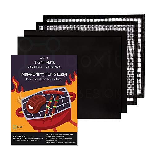 Boxiti BBQ Grill Mat, Set of 4 Non-Stick Barbecue Mats - 2 Solid Mats + 2 Mesh Mats for Easy Grilling - Grill Accessories for Gas, Charcoal, Weber, Electric Grill, Kitchen Oven