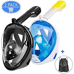 Omew Masque de Plongée, 2PCS Masque de Snorkeling, Intégral Complet Antibuée et Anti-Fuite Lunettes de Plongée, Plein Visage 180° Visible avec la Support pour Caméra de Sport (Noir & Bleu)