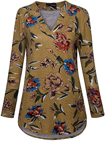 Miurus Tunic Blouses, Stylish Round Neck Long Sleeve Comfy Loose Fitting Flattering Peasant Tunic Blouses Large Yellow Floral Blouse A Line Tunic Top Fall