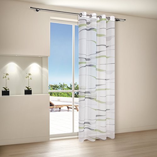 Vorhangschal / Gardine / Vorhang / Ösenschal STRIPES / B/H: 140x245cm / halbtransparente Qualität / mit bedruckten Querstreifen / moderner Ösenschal 40mm (grün)