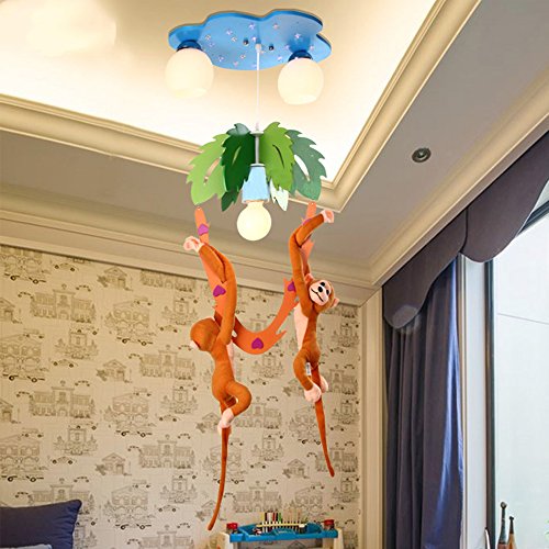 Preisvergleich Produktbild Tkind Pendelleuchte Karikatur LED Augen Schützen Hängeleuchte Holz Glas Deckenlampen Kreative Persönlichkeit Affe Kronleuchter Stilvolle Lovely Beleuchtung Dekorative für Kinder Prinzessin Zimmer Schlafzimmer Arbeitszimmer Kindergarten Cafe Wohnzimmer E27, Ø 41cm