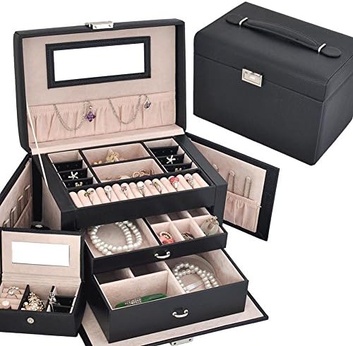 GZXCPC High Quality Luxurious Jewelry Box Jewelery Box Jewelery Storage Jewelery Box Made Of Leather And Wood, With 3 Drawers, Side Pockets, Snap Lock And Built-In Mirror, Many Colors , black
