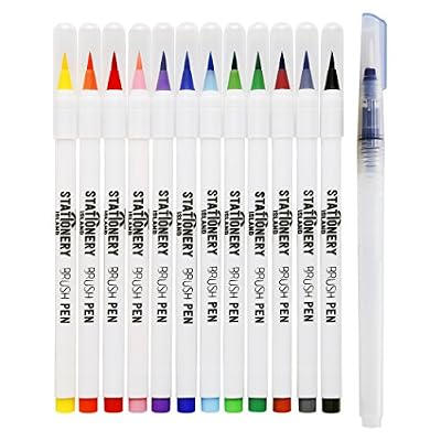 Stationery Island Feutres Pinceaux - Pochette de 12 Eclatantes Couleurs + 1 Pinceau à Réserve d'Eau Novateur - Feutre Aquarelle à Encre Mélangeable avec Authentique & Flexible Pointes Pinceaux