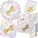 Produktbild 111-teiliges Party-Set * GOLDENES EINHORN * für Kindergeburtstag und Mottoparty mit Teller + Becher + Servietten + Einladungen + Tüten + Tischdecke + Luftschlangen + Ballons // Deko Dekoration
