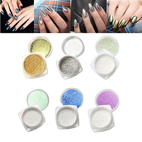 Fulltime(TM) 6 Pcs 1g Nail Art Mirror Glitter Shinning Nail Chrome Pigment Powder Nail Art Tools with Sponge Stick