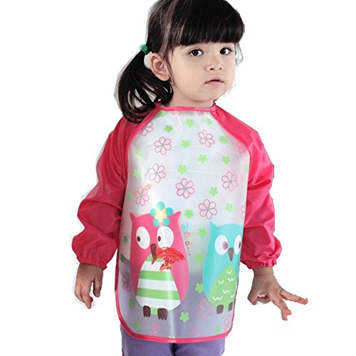 URAQT Unisex Baby Waterproof Sleeved Bib Eat and Play Smock,Toddler Apron of PEVA Pink Owl
