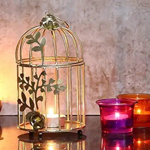 Webelkart Gold Colour Metal Iron Bird Cage Tea Light Holder with Flower Vine
