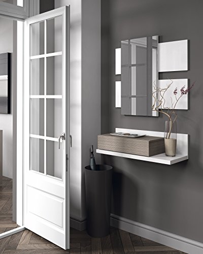 Habitdesign 0B6742BO - Recibidor con cajón + espejo, color blanco brillo y fresno, medidas: 75 x 116 x 29 cm de fondo
