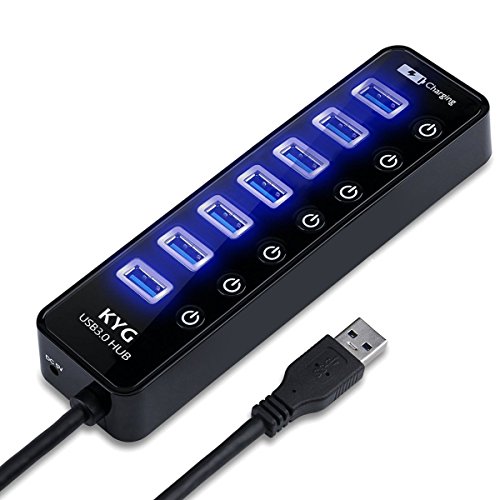 KYG USB 3.0 Hub 7 Ports mit Ladport(Max. 2,4A) mit 60cm USB 3.0 Kabel, Highspeed Datenports mit 7 LED Ein Aus Schalter(Schwarz)