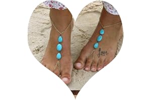 TseenYi - Cavigliera in stile Boho con turchese, catenina a strati dorata con anello per le dita dei piedi, cavigliera per piedi nudi, gioiello da spiaggia, accessorio per donne e ragazze - 2 pezzi