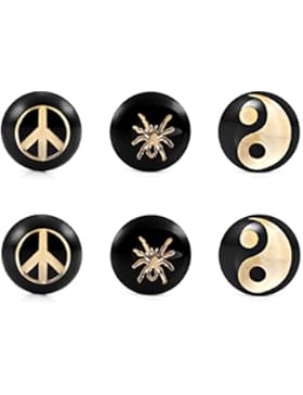 Unisex Schwarz und Gold 316L Edelstahl Ohrstecker Set - Beinhaltet 3 Paar Ohrstecker mit Friedens Symbol, Yin...