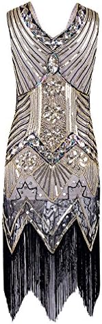 Shining Women's 1920s Style Flapper Dress Vintage Gatsby Great Gatsby Charleston Sequin Tassel Party Knee-Length Dress,Silver,M