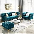 Sky Rise Decor Modern Classic 7 Seater Fabric & Valvet Tufted 3+2+1 +1 Footrest Chesterfield Sofa Living Room and Office (Teal Green 2)