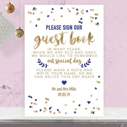 Personalised Sign to Place Next to Wedding Guest Book In Gold Effect and Navy Blue (GNB14)