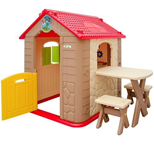 LittleTom Kinderspielhaus inkl. Tisch und 2 Bänken Kunststoff Spielhaus Kinder-Gartenhaus für Drinnen Draußen Beige Braun