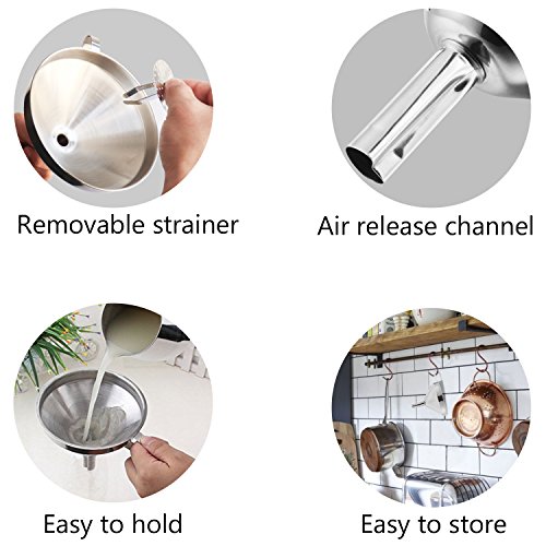 Edelstahl-Trichter, PEMOTech 3 Perfekte Größen von Großen bis zu Kleinen Trichtern, ausgerüstet mit Griff und zwei Stück Abnehmbares Sieb/Filter fürs Kochen, Essentielle Öle, Flaschenfüllung, Übertragen von Liquidem, Flüssigkeit, trockene Zutaten & Pulver, Weinherstellung, Silber. - 6