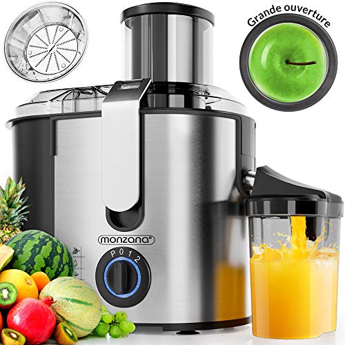 Centrifugeuse en Inox Fruits et légumes 1100W Extracteur de jus Capacité 1L Ouverture 85mm Livre de recettes inclus