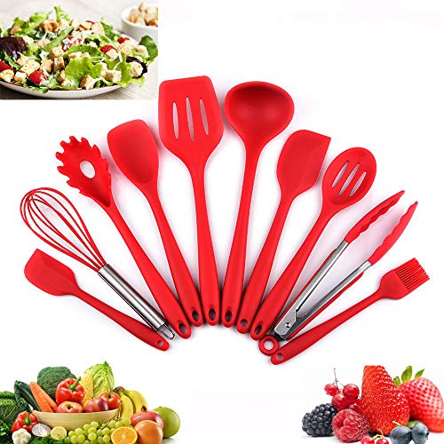 Utensilios Cocina de Silicona 10 Piezas, Juego de Cocina Resistente al Calor, pinzas, batidor Silicona, Cepillo, Espátulas, Cuchara Ranurada, Cucharas de Cocina, Paleta de Arroz, Espátula Ranurada.