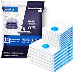 Suob Lot de 14 Sacs de Rangement sous Vide, 6 Sacs de 80x100cm+8 Sacs de 40x60cm Sac de Compression Voyages Réutilisables pour Matelas, Tente, Vêtements, Couettes, Literie, Oreillers