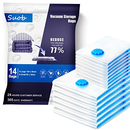 Suob Lot de 14 Sacs de Rangement sous Vide, 6 Sacs de 80x100cm+8 Sacs de 40x60cm Sac de Compression Voyages Réutilisables pour Matelas, Tente, Vêtements, Couettes, Literie, Oreillers