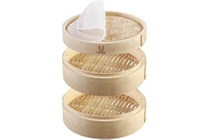 UNTIOR Dampfgarer Bambus, 2 Etagen Bambus-Dämpfer mit Deckel, Bambus Dämpfaufsatz und Dampfkorb Reiskocher Bambusgarer für Sim Sum Dumplings, Gemüse, Reis, Fleisch und Fisch (6"-2)