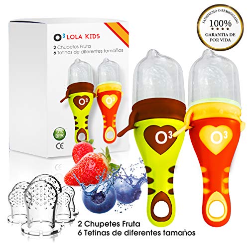 O³ Chupete Fruta - 2 Unidades con 6 Tetinas De Diferentes Tamaños - Verde/Naranja - Alimentador Antiahogo Bebe Para Las Frutas y Verduras - Ayuda La Dentición De Bebé - 100% Silicona Sin BPA
