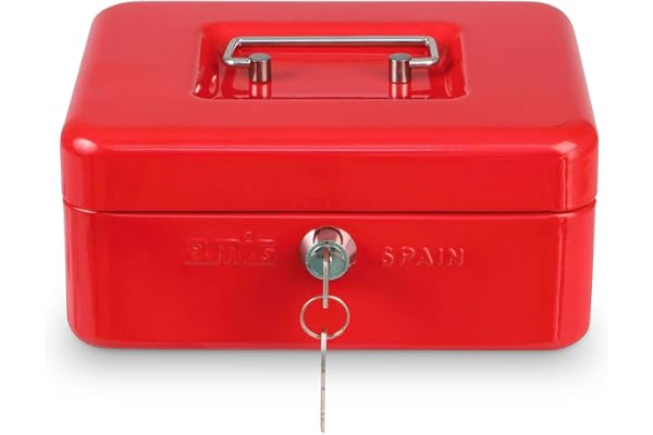Amig - Boîte de Débit Sécurisée en Acier | Polyvalente et Pratique avec Plateau Porte-Monnaie Amovible | Robuste avec Serrure Nickelée | Rouge, 150x110x70 mm, Acier Allié