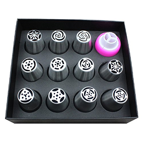 Russische Pfeifenspitzen, Edelstahl für DIY Gebäck-Zuckerglasur-Dekoration-Werkzeug (11Pcs + 1Coupler)