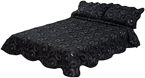 Manita Jasmine Bedspread &amp; 2 Pillow Shams Luxury Floral Swirling Leaves Bedroom Duvet - Black (King)