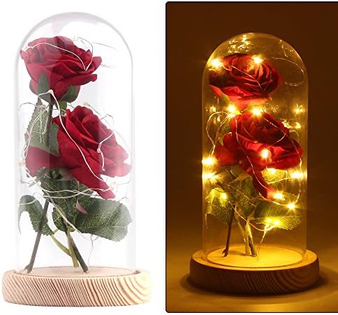 Frontoppy Red Silk Rose and Led Light with Fallen Petals In Glass Cover Above Removable Wooden Base Artificial Decoration, DIY Handmade Enchanted Love Forever Rose for Wedding Valentine's Day Gift
