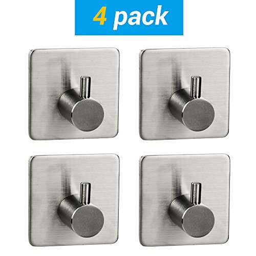 Handtuchhaken 4er, Ohne Bohren Quadratisch Leiste Selbstklebend 3M Eckig für Tür küche Bad Dusche zum kleben, Edelstahl Glänzend Gebürstet, Für Glasduschwand Stange