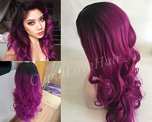 Cup Idlov Ehair Long Big Curly Black Ombre Purple Color Heat Resistant Synthetic Hair Lace Front Wig