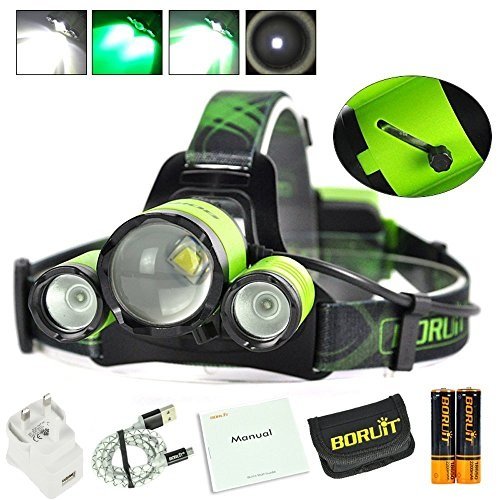 Boruit Led stirnlampe kopflampe 2016 LED-Scheinwerfer mit 4 Modi, super heller nachladbarer Hauptfackel-LED-Scheinwerfer mit grünem Licht, XM-L2 + 2XP-E LED wasserdichte Zoomable Kopf-Lampen-Lampe für das Wandern des kampierenden kletternden das Radfahren-Fischensicherheits-Lichtes