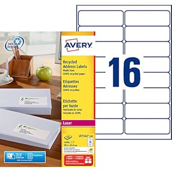 Etichette Avery L7162-15 - Carta Bianca, 15 Fogli A4, 16 Etichette Per Foglio (99,1x33,9 Mm), Adesivo Permanente