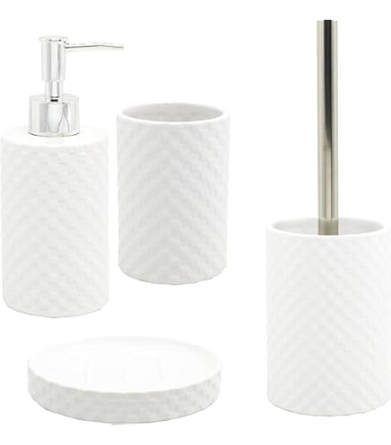 Set Bagno 4 Pezzi | Dispenser, Portaspazzolini, Portasapone E Scopino | Design Moderno In Ceramica Bianca - Foto 11