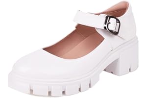 XIEWANG Damen Plateau Mary Jane Schuhe Runde Zehe Mid Chunky Heel Schwarz Schulschuhe