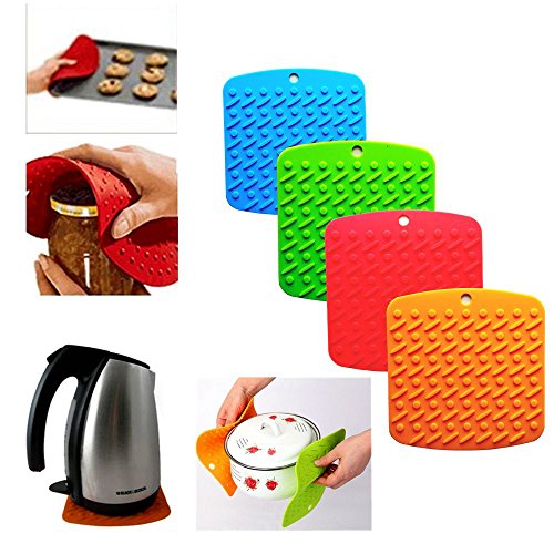 iNeibo Kitchen Silikon Untersetzer-4er Pack- hitzebeständig bis zu 230°C & Spülmachinefest- langlebig- 4 Unterschiedliche Farbe- Multifunktions: topflappen, topfhalter, topfschoner, Deckelöffner (rot) - 6