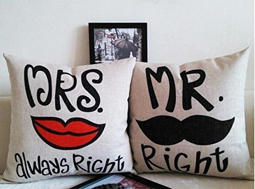 Miya@ mr right mrs always right liebevolle hochwertige Hochzeit Paar Kissenbezüge aus Baumwoll Sofakissen Kissenbezug Hochzeitgeschenk Form09